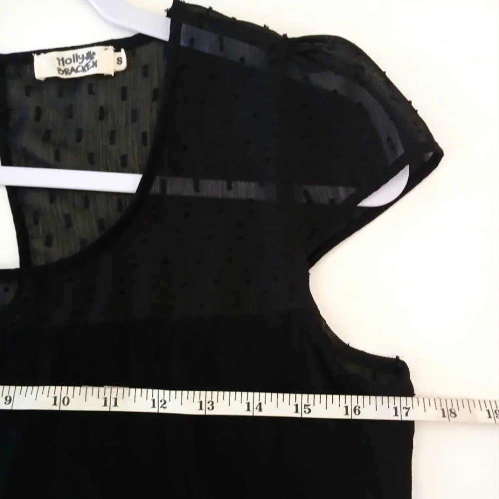 MOLLY BRACKEN Black Swiss Dot Sheer & Jersy  Women's Top Cap slv   Sz S - Picture 9 of 16